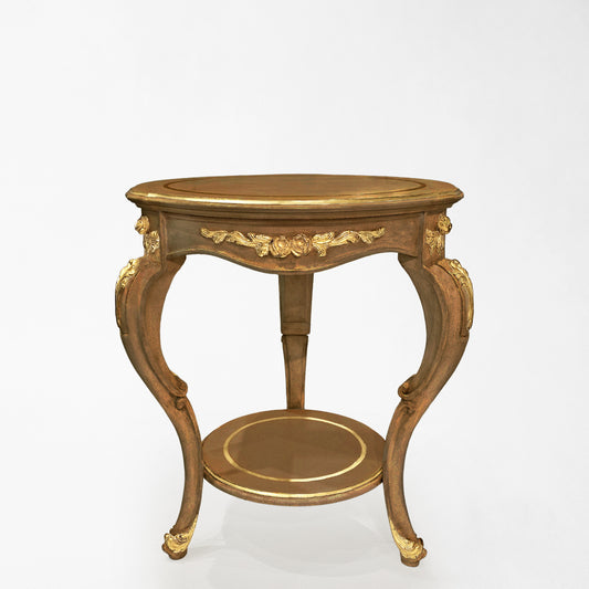 Round traditional wood Italian table with gold details.