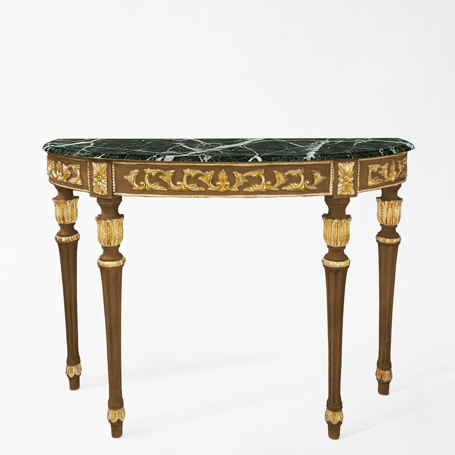 Traditional Italian wood console table with antique gold details and green marble top.