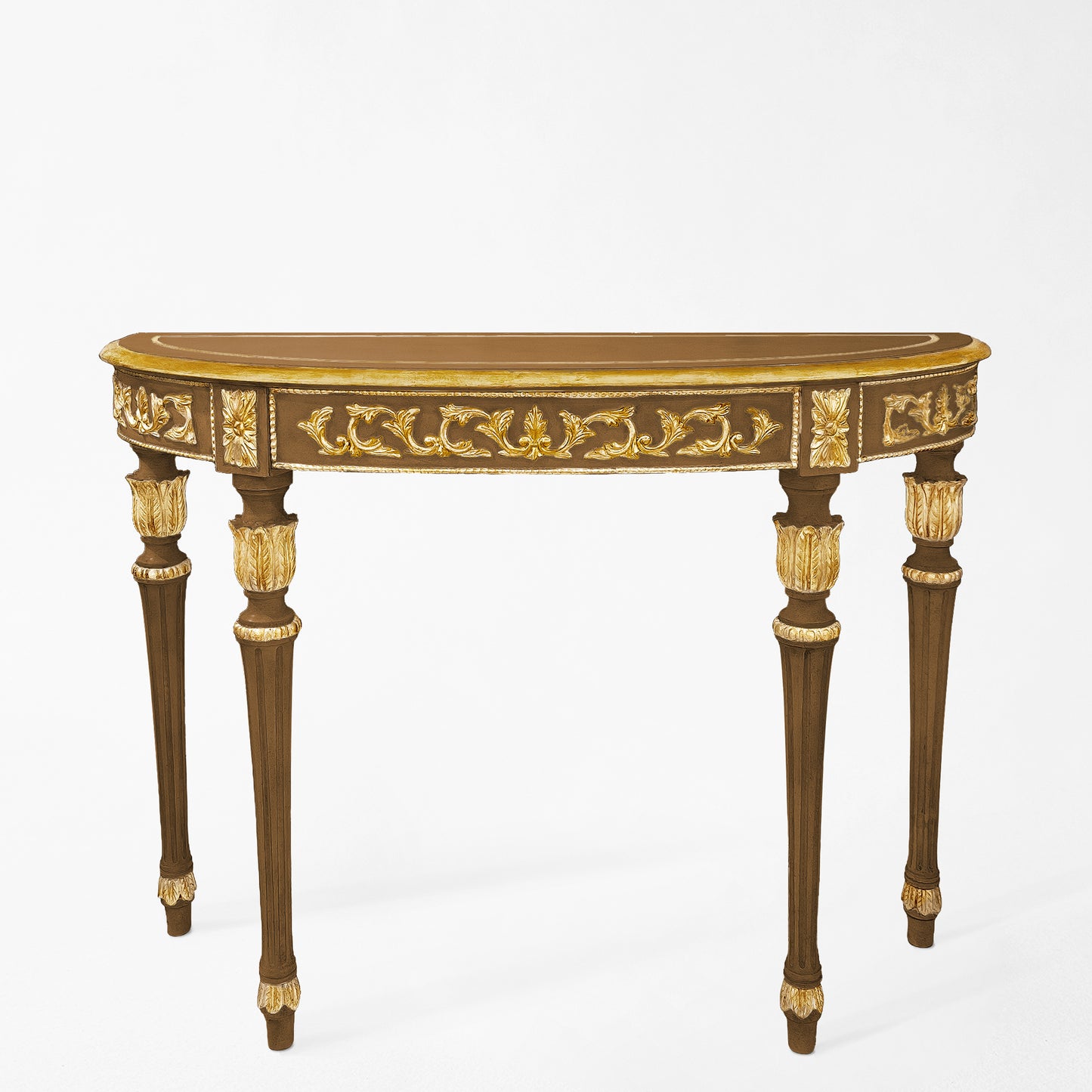 Traditional Italian wood console table with antique gold details.
