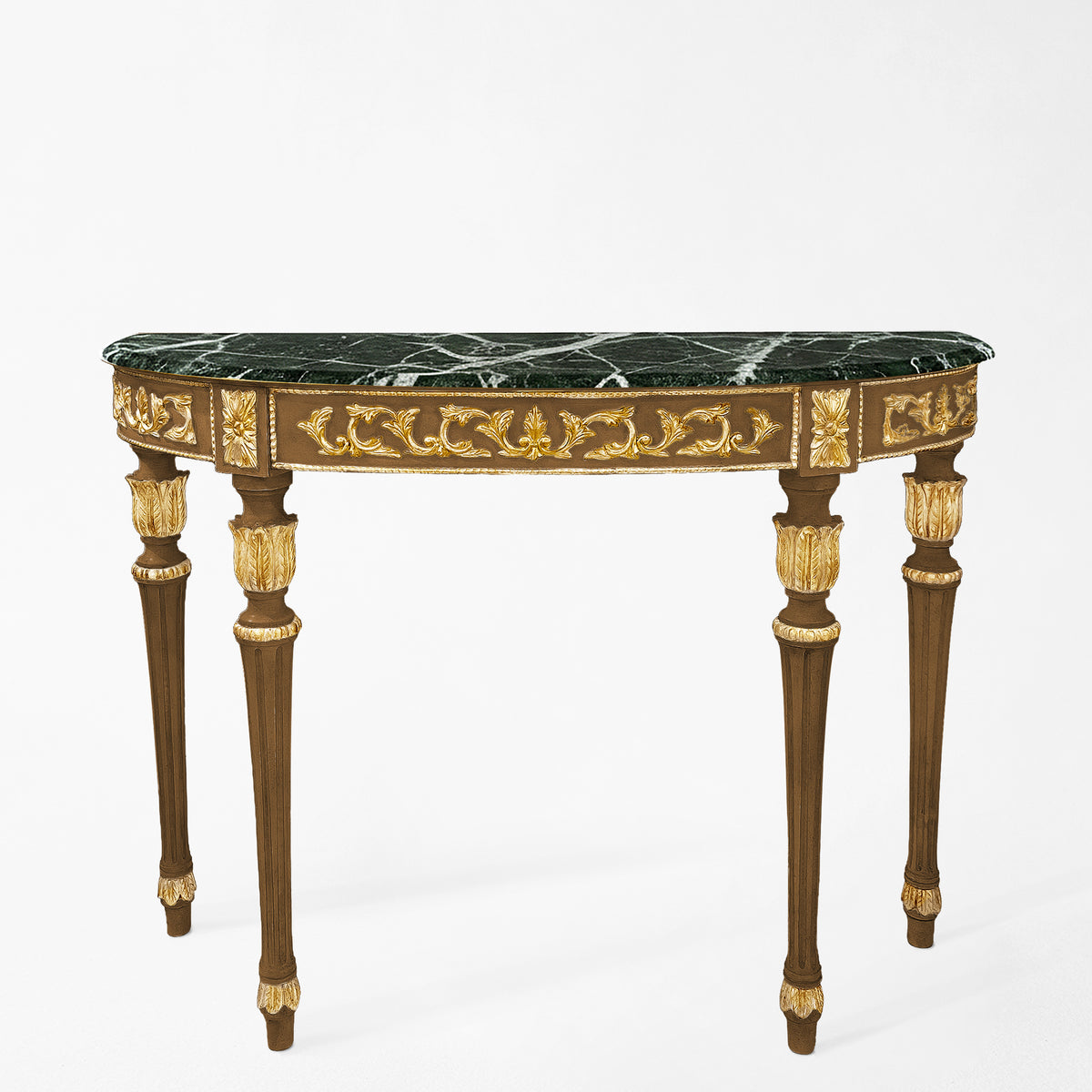 Traditional wood and gold Italian console table with a green marble top.
