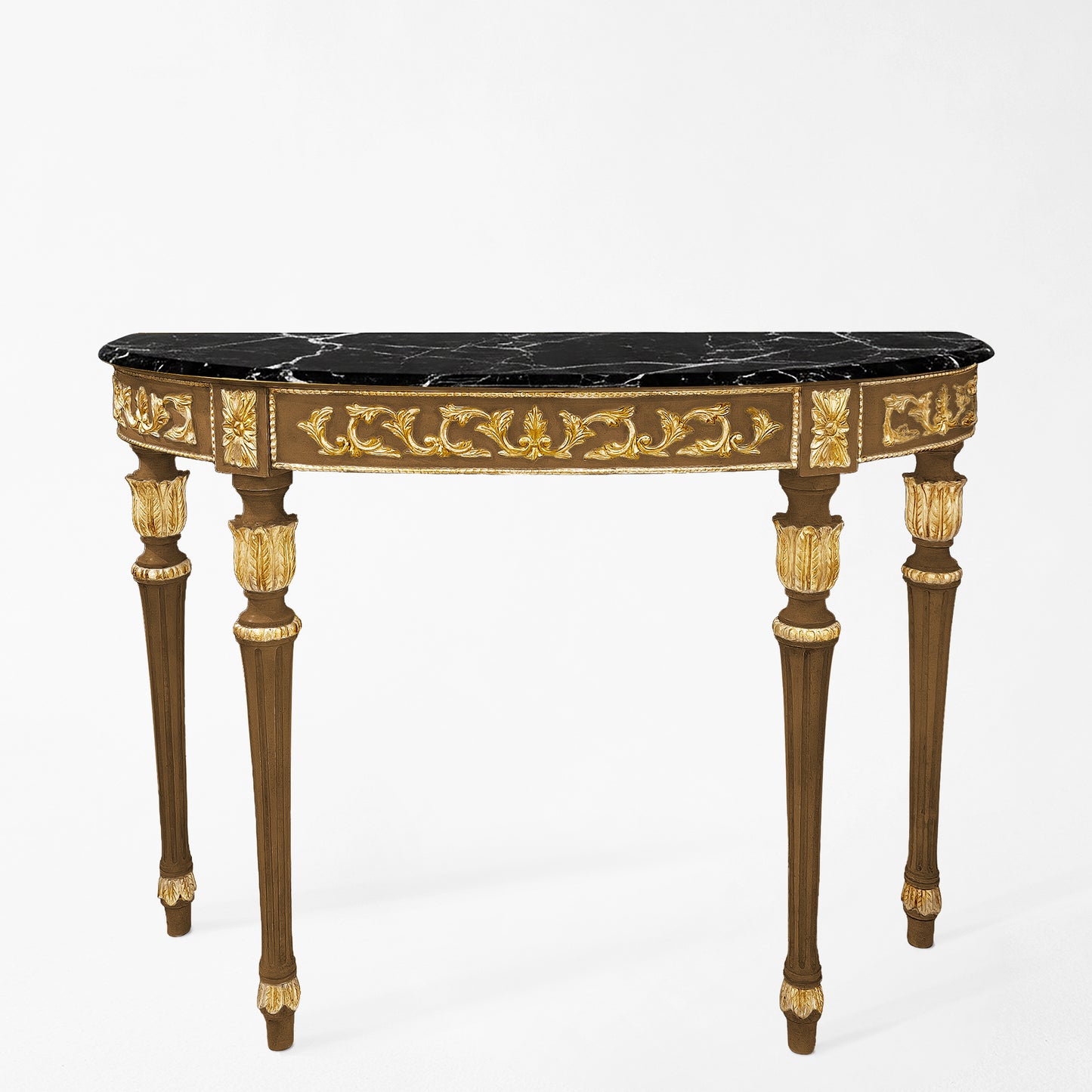 Traditional Italian console table with antique gold details and black marble top.