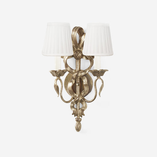 Traditional silver sconce with white pleated shades.