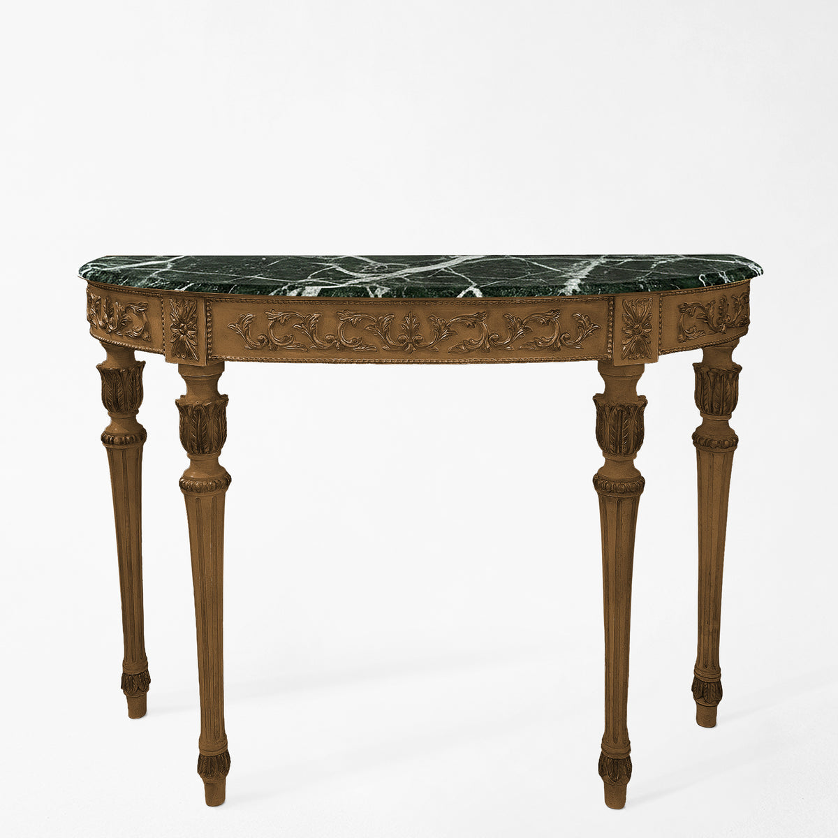 Traditional Italian console table with green marble top.