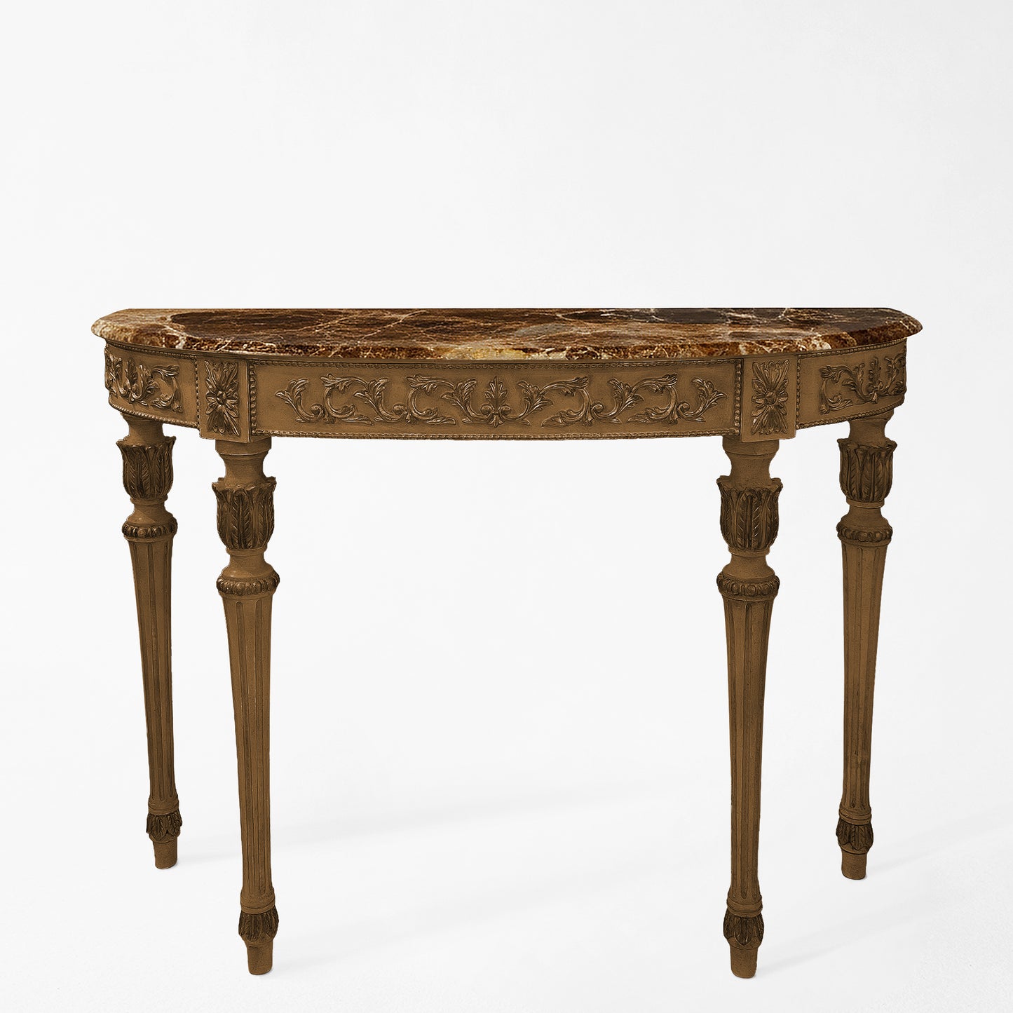 Traditional handcarved Italian console table with brown marble top.