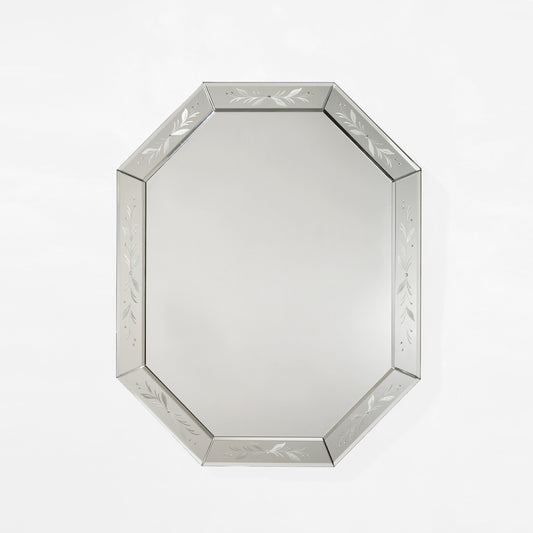 Octagonal Venetian glass mirror with etched design.