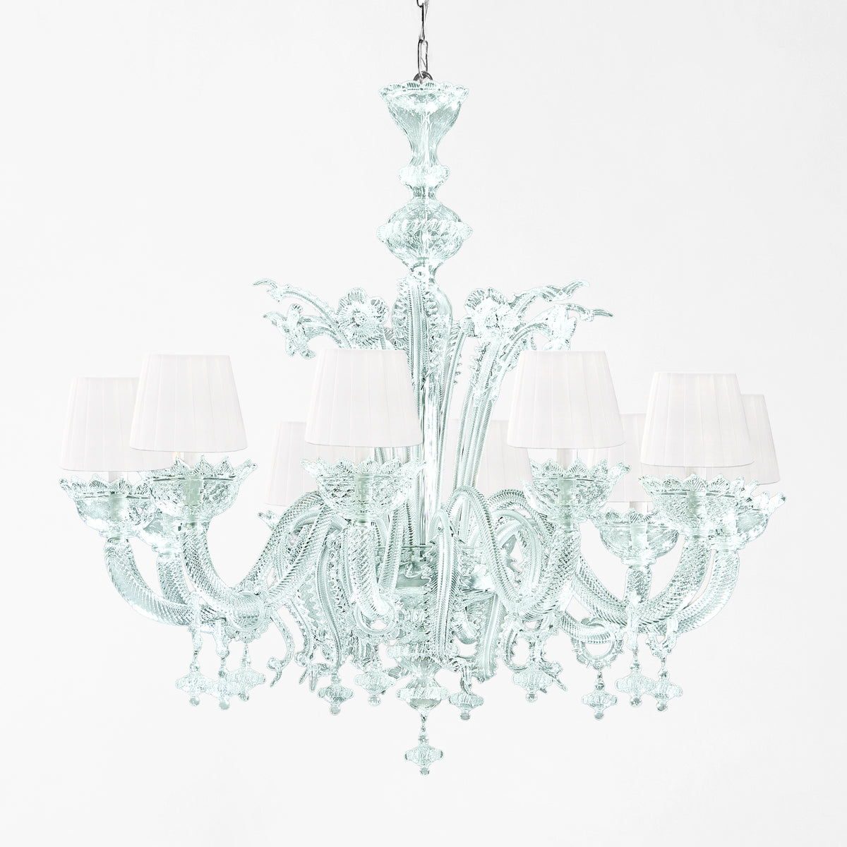 Ornate light blue Murano glass chandelier with pleated shades.