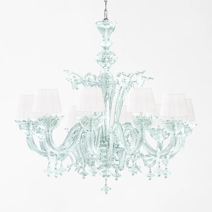 Ornate light blue Murano glass chandelier with pleated shades.