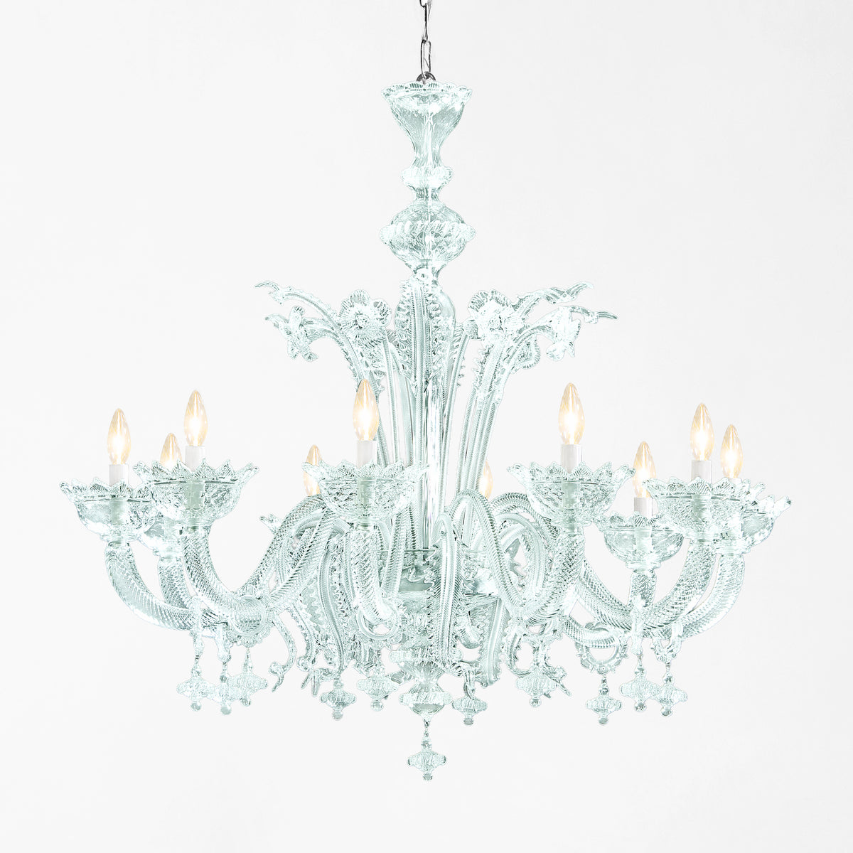Ornate light blue Murano glass chandelier.
