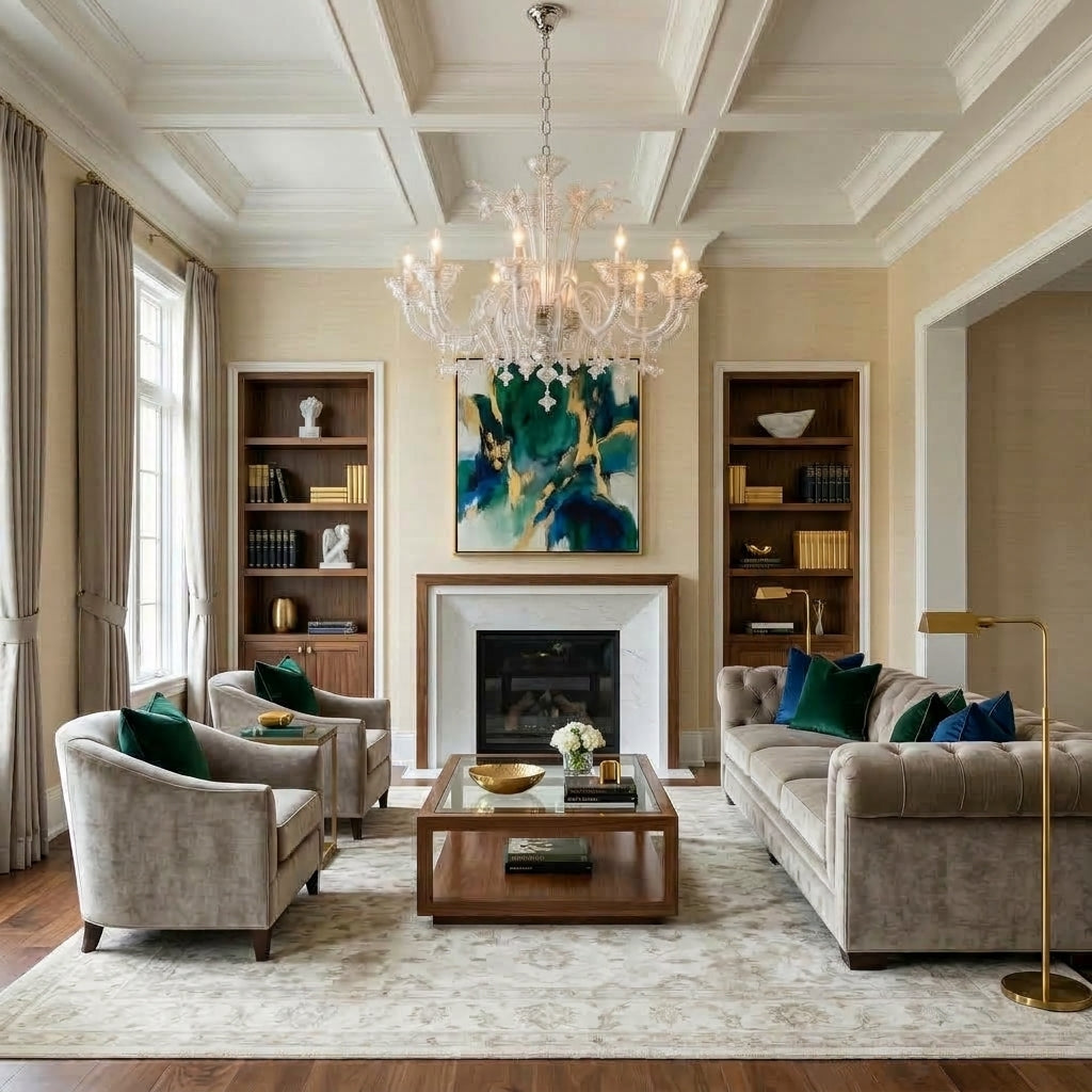 Luxurious living room with clear Murano glass chandelier and traditional rug.