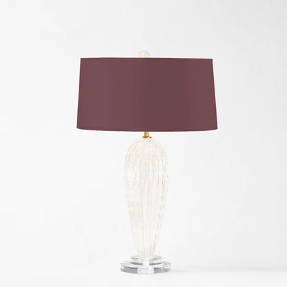 White Murano glass table lamp with burgundy lamp shade.