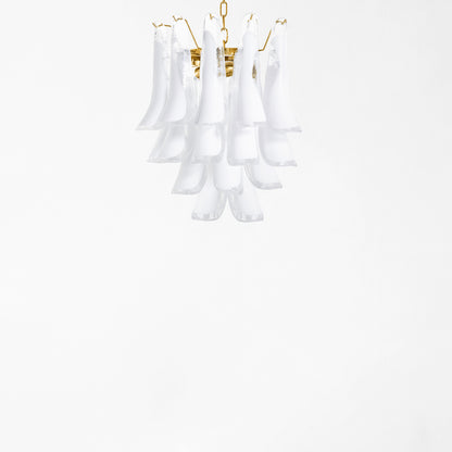 Clear and white Murano glass chandelier with gold hardware.