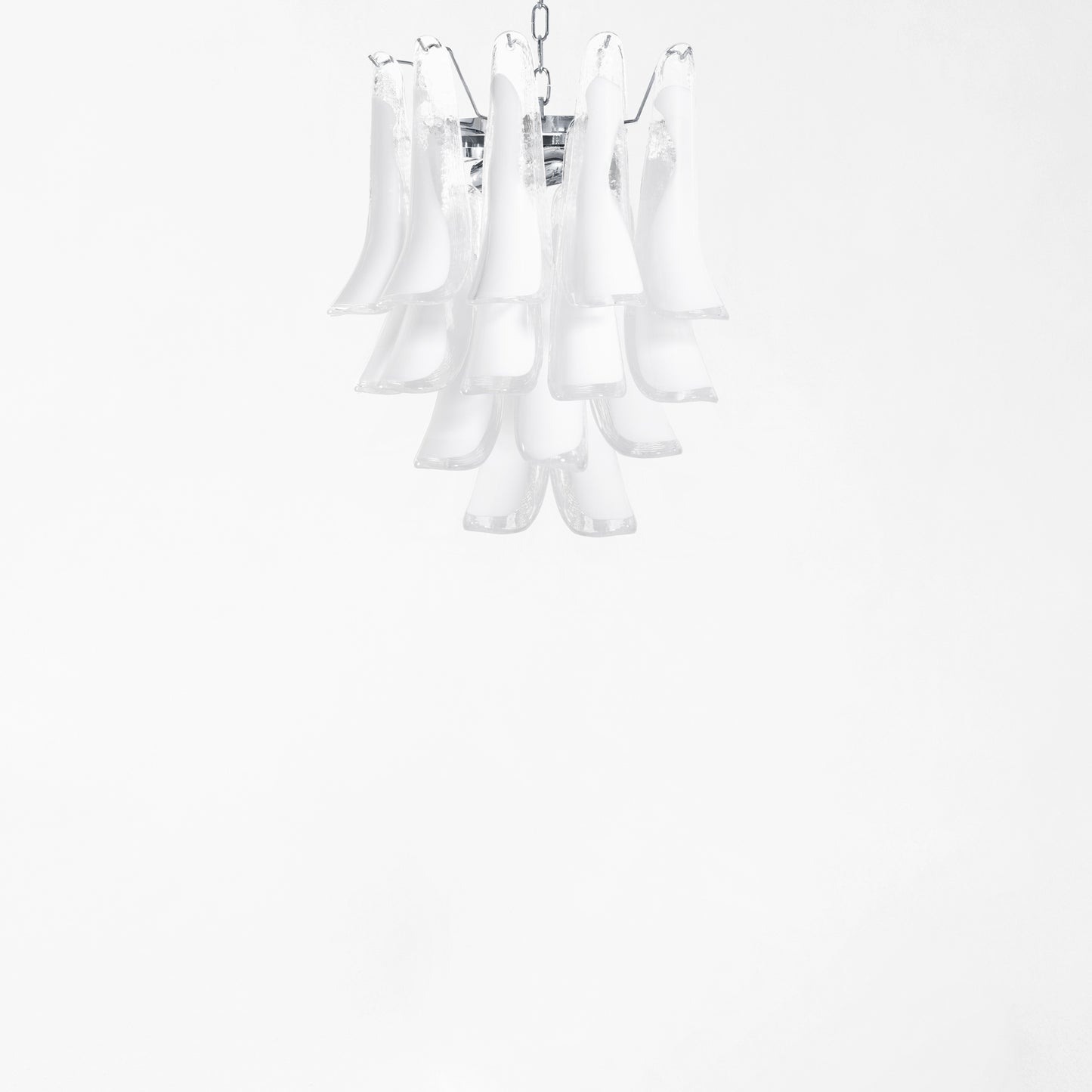 Clear and white Murano glass chandelier with nickel hardware.