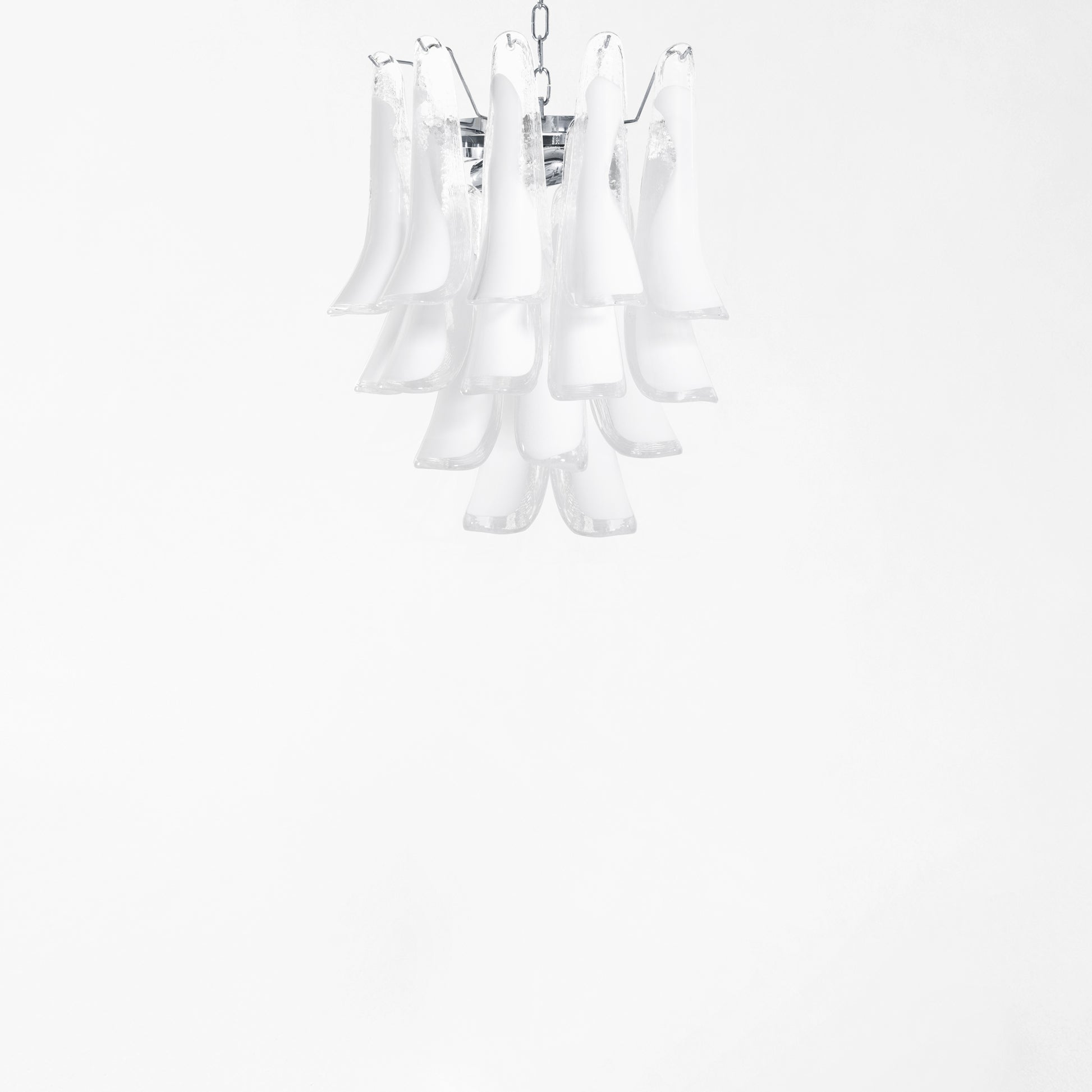 Clear and white Murano glass chandelier with nickel hardware.