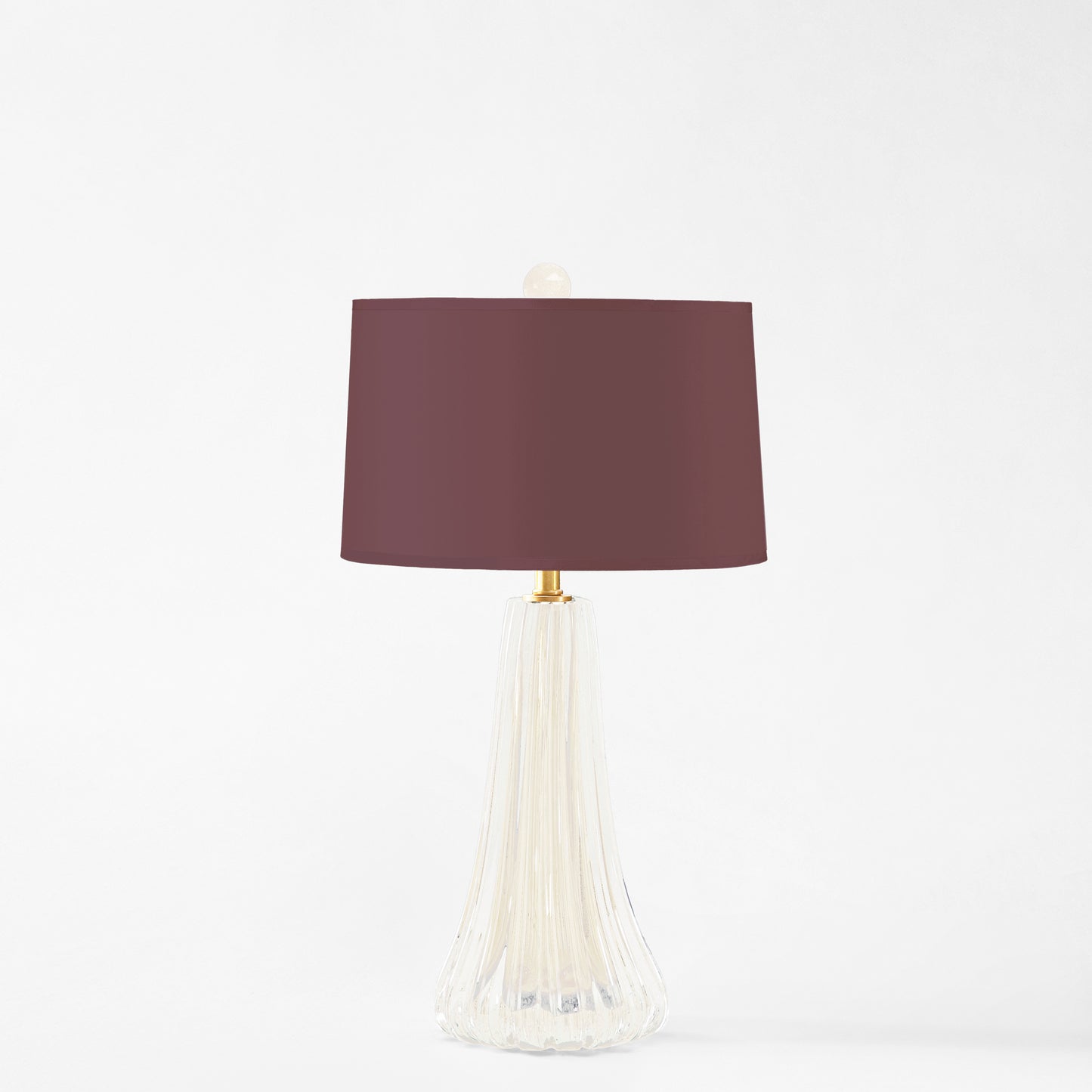 White Murano glass table lamp with burgundy lamp shade.