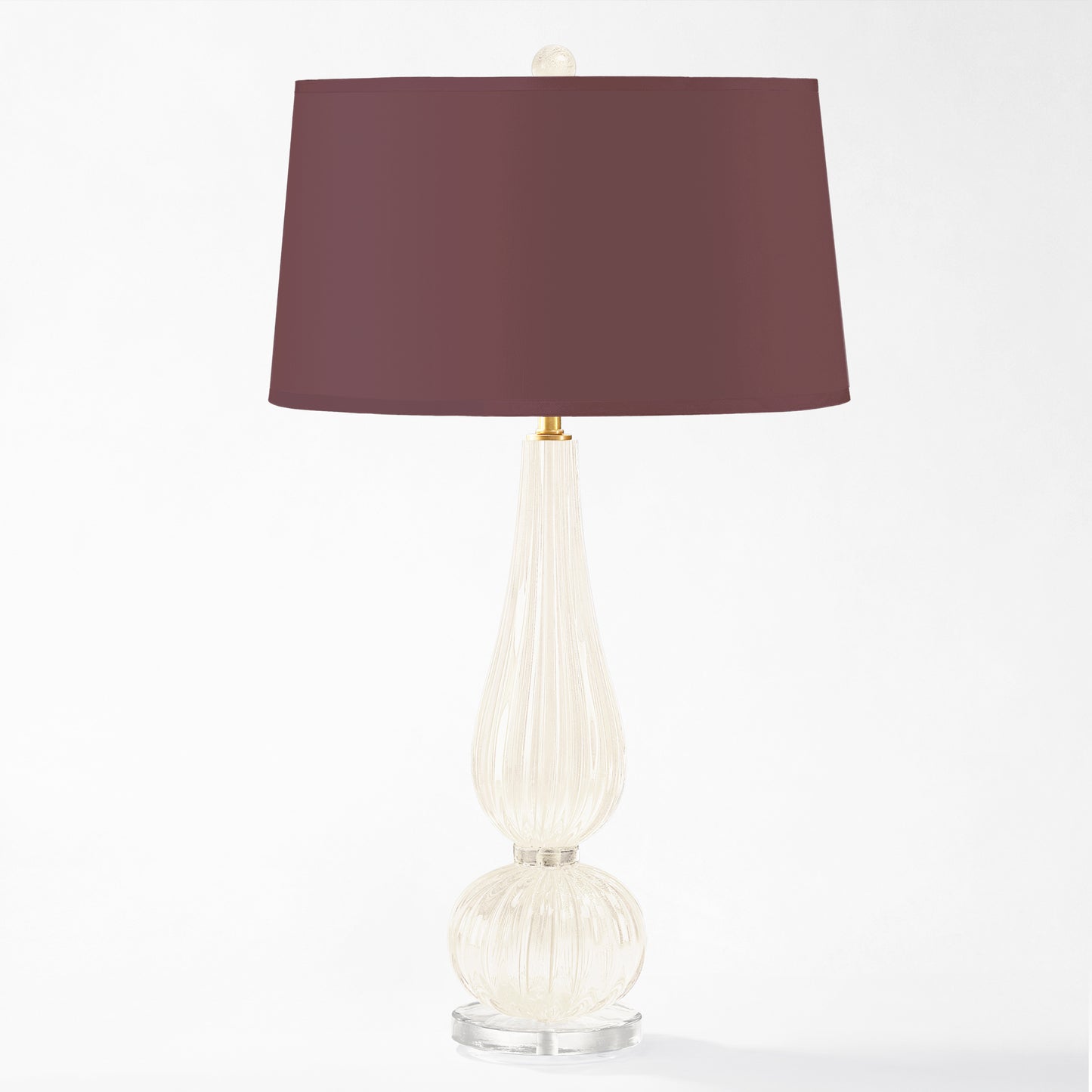 White Murano glass table lamp with burgundy lamp shade.