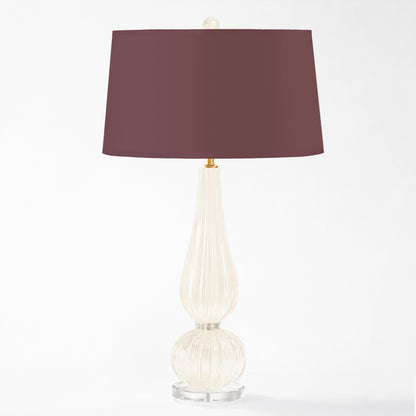 White Murano glass table lamp with burgundy lamp shade.