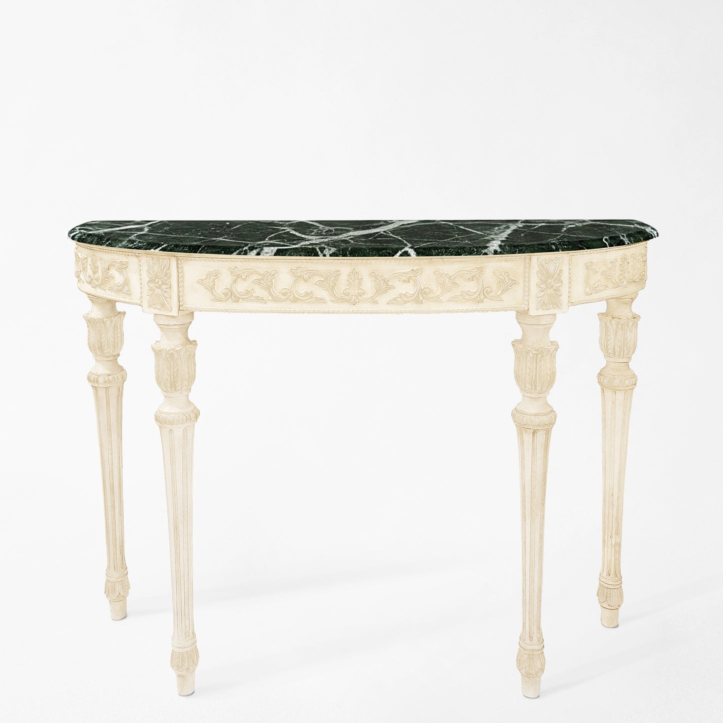 Traditional white console table with green Verde Alpi marble top.