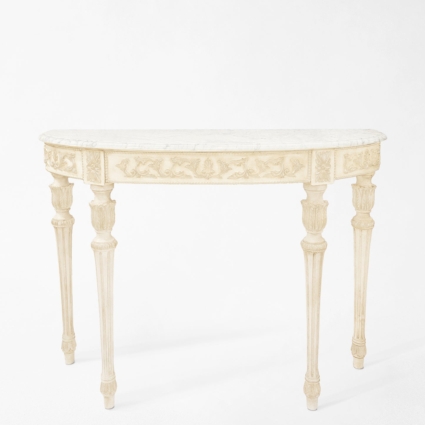 White console table with white marble top.