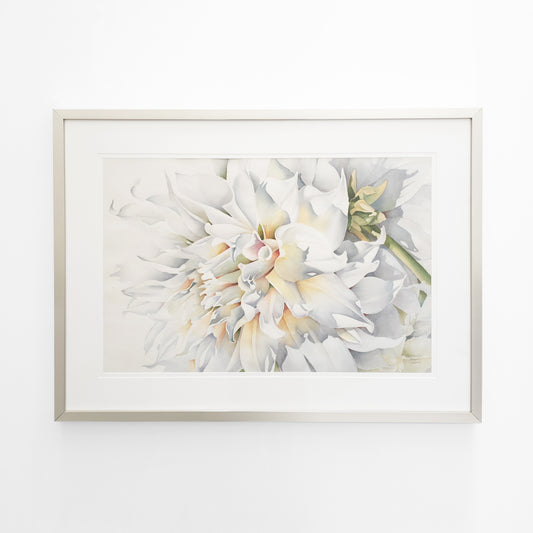 Watercolor painting of a white flower in a silver frame.