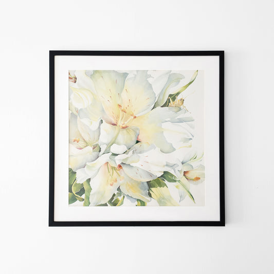 Painting of a white flower with a grasshopper in a black frame.