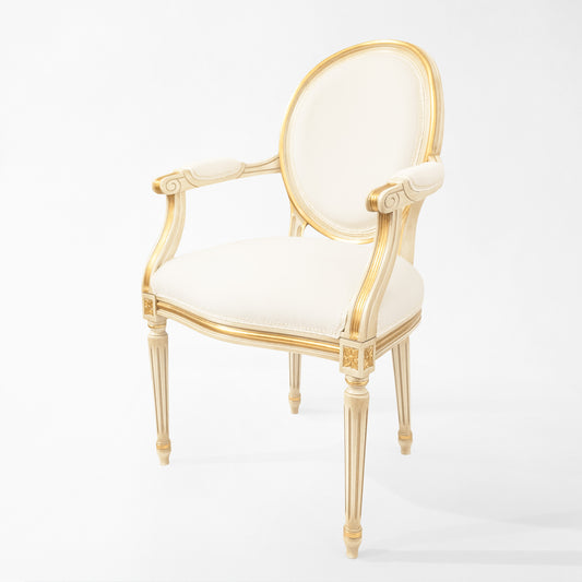 Round white and gold Italian armchair.