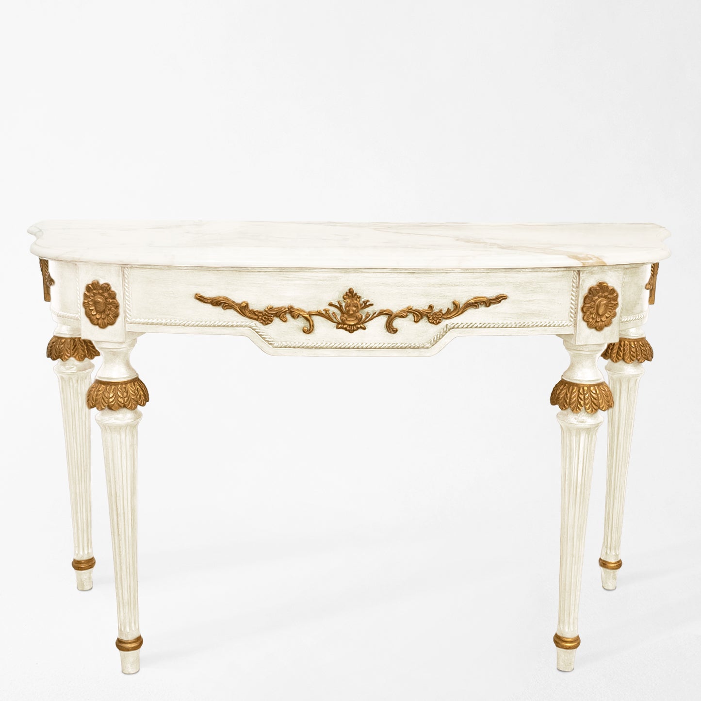 Ornate white console with gold details and white marble.