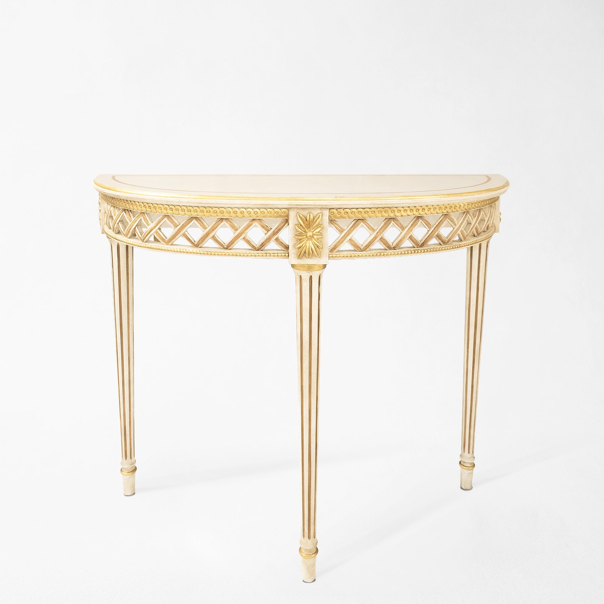 White and gold console table.