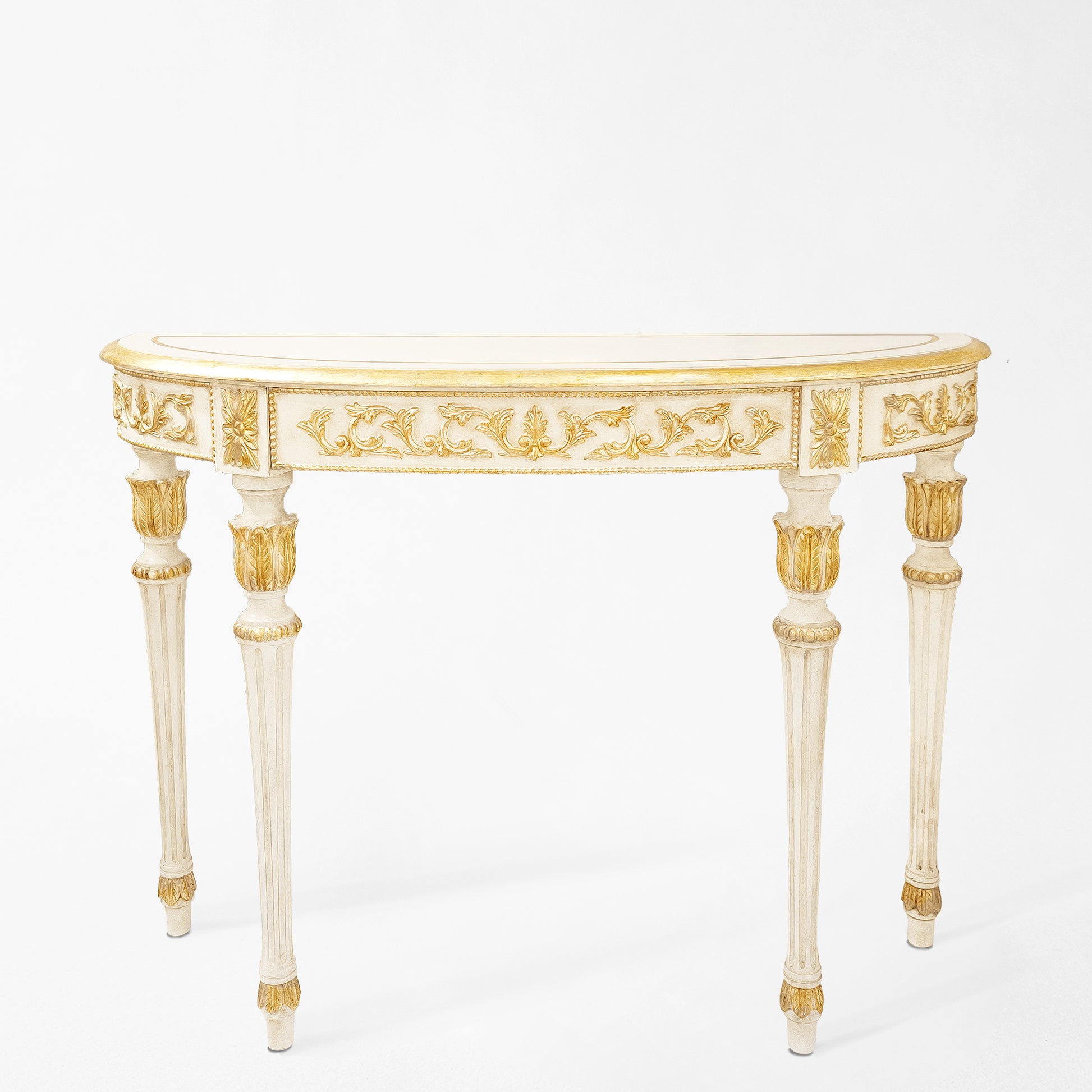 White and gold console table.