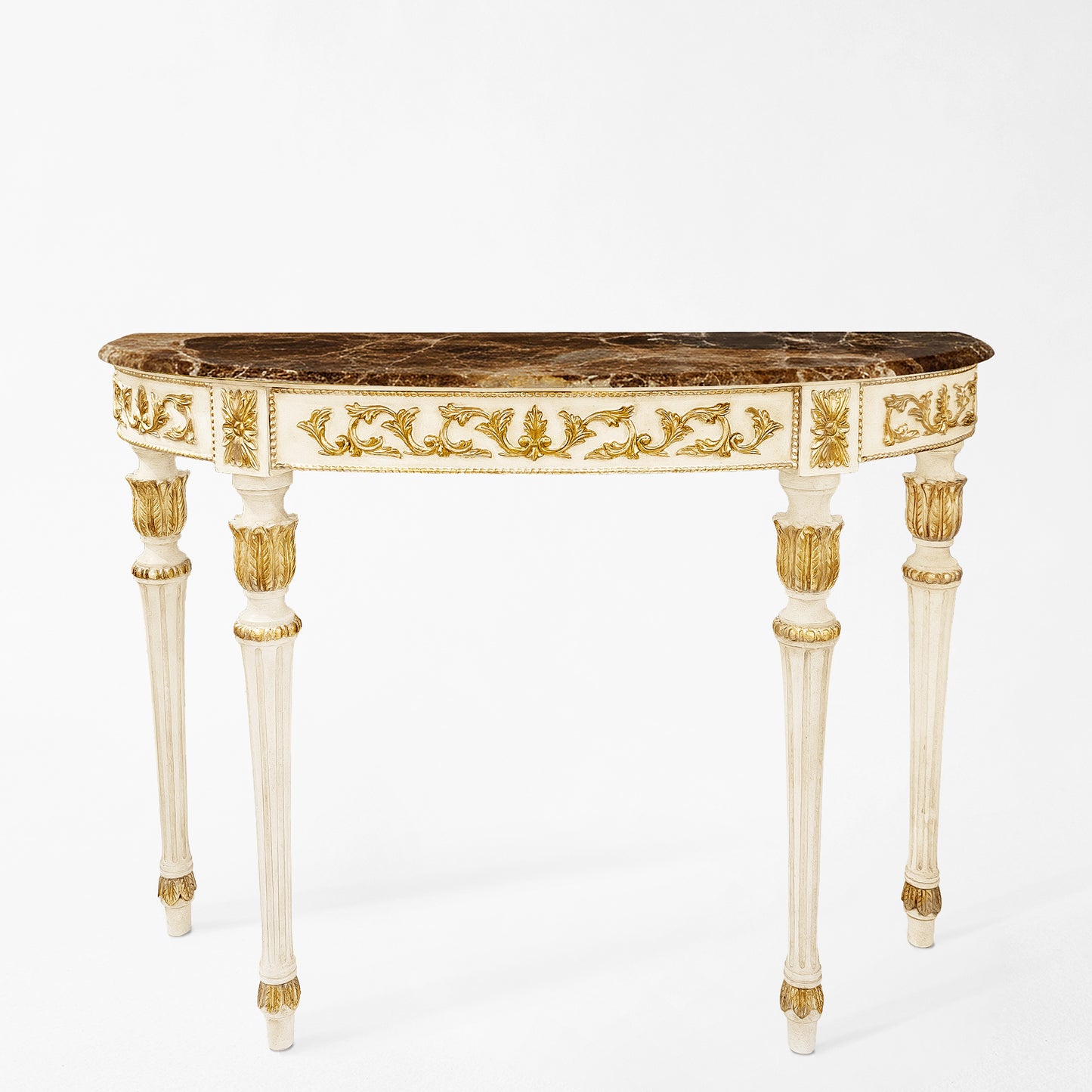 Traditional white and gold Italian console table with a brown Emperador marble top.