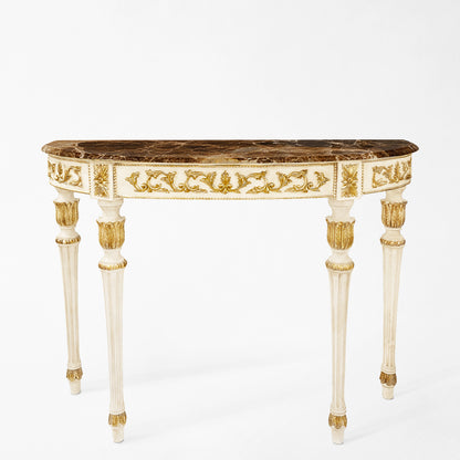 Traditional white and gold Italian console table with a brown Emperador marble top.