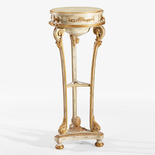 Italian white wood pedestal with gold leaf.