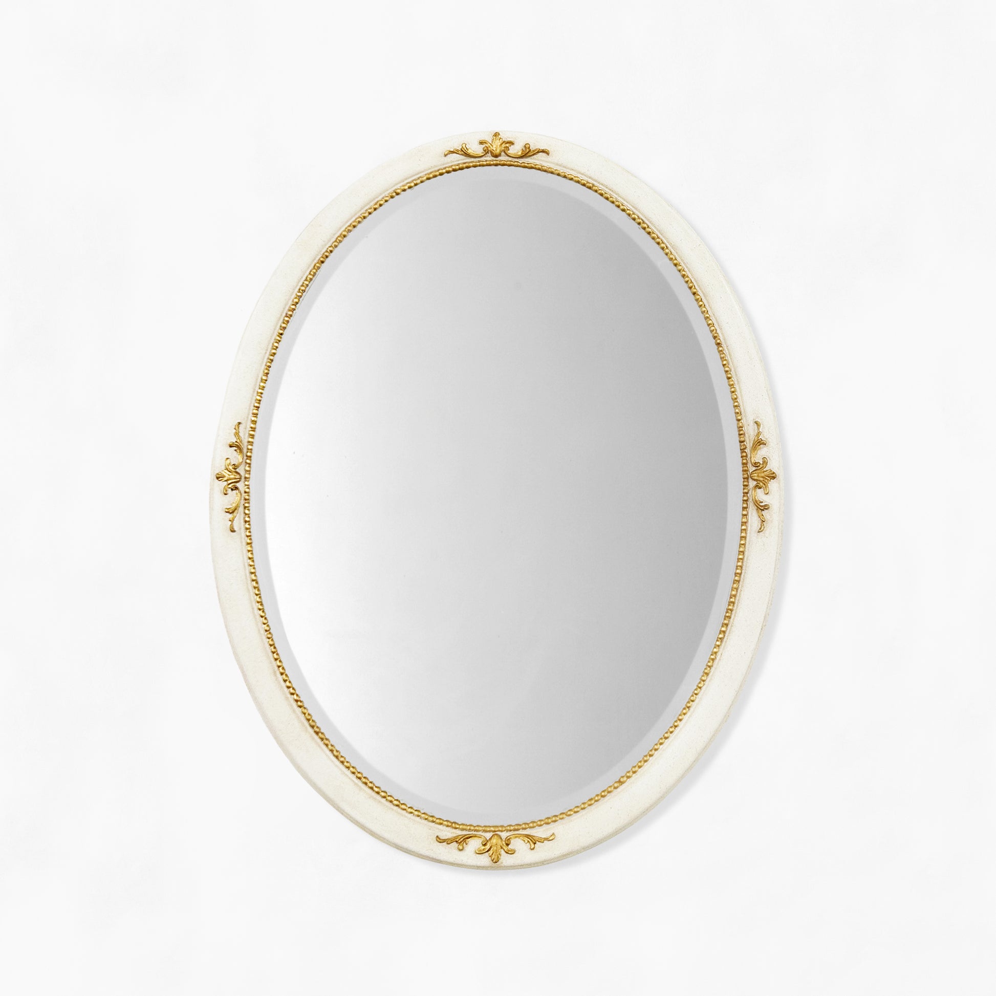 Traditional oval white mirror with gold details.