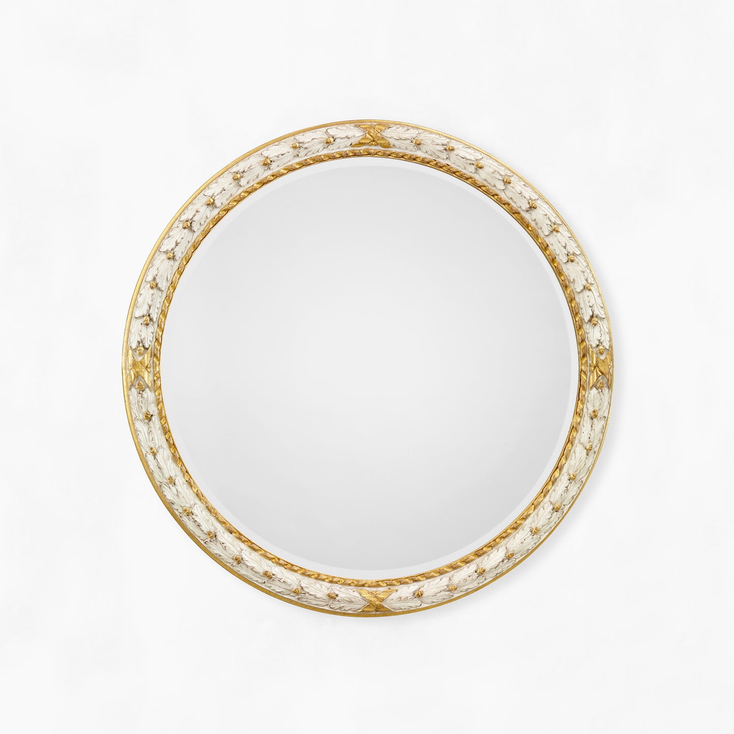 Round white and gold wood mirror.