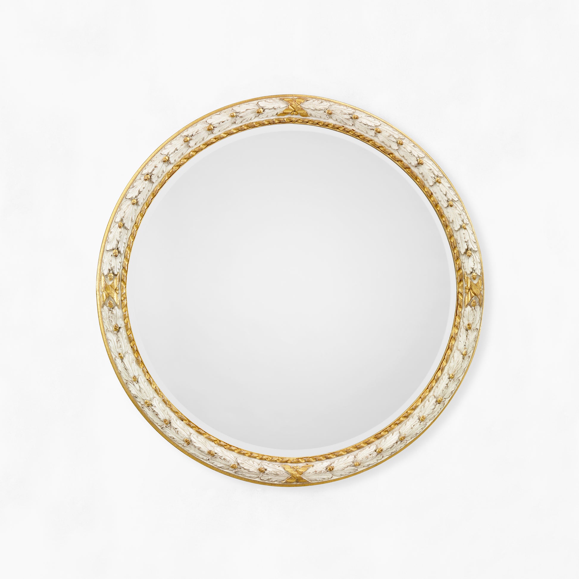 Round white and gold wood mirror.