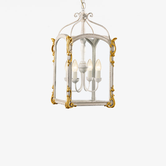 White wood lantern with gold leaf accents.