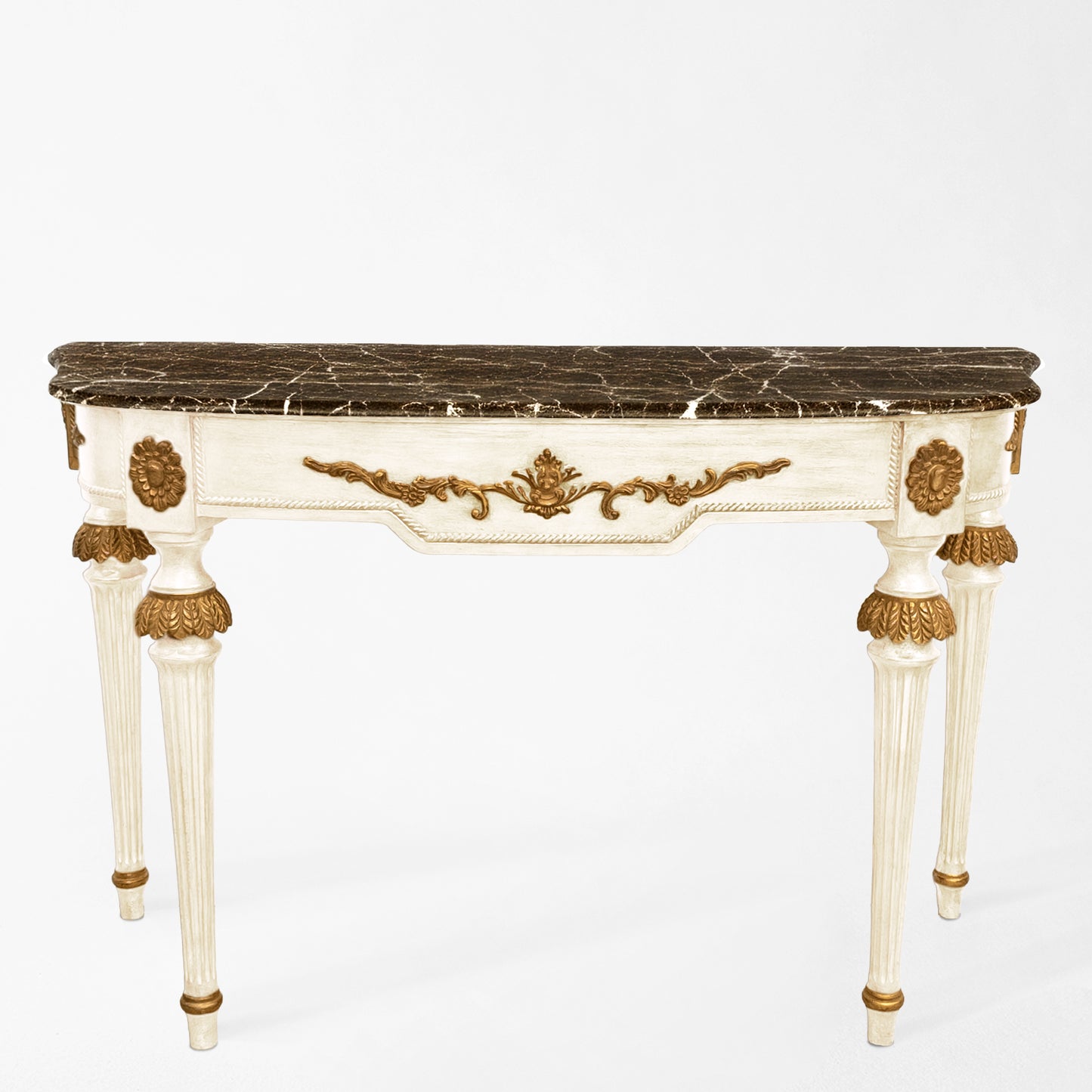 White Italian console table with brown Emperador marble top and gold carved details.