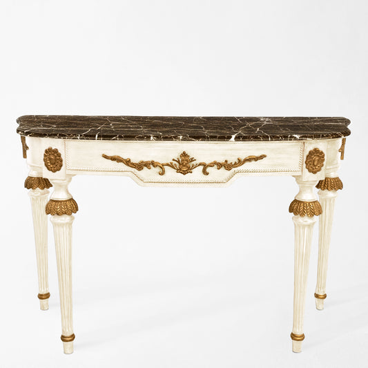 White Italian console table with brown Emperador marble top and gold carved details.