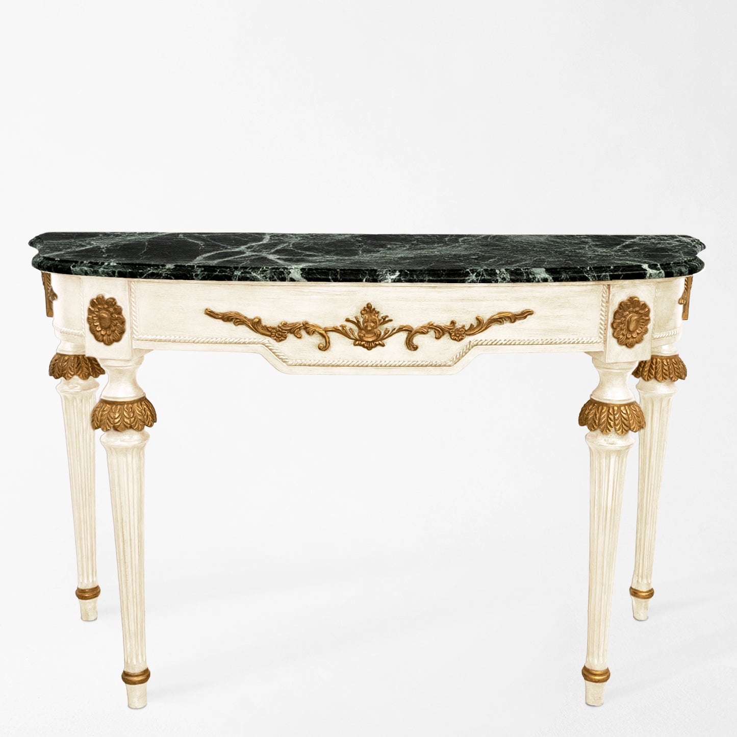 White Italian console table with green Verde Alpi marble top and carved gold details.