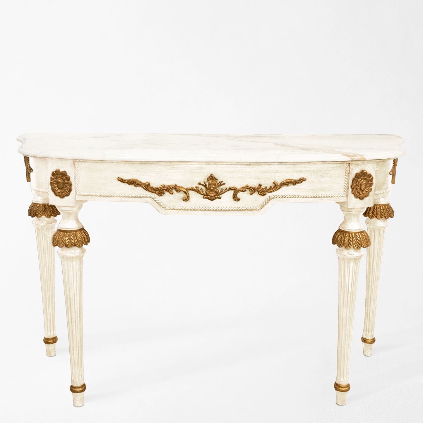 White Italian console table with white Calacatta gold marble top and carved gold carved details.