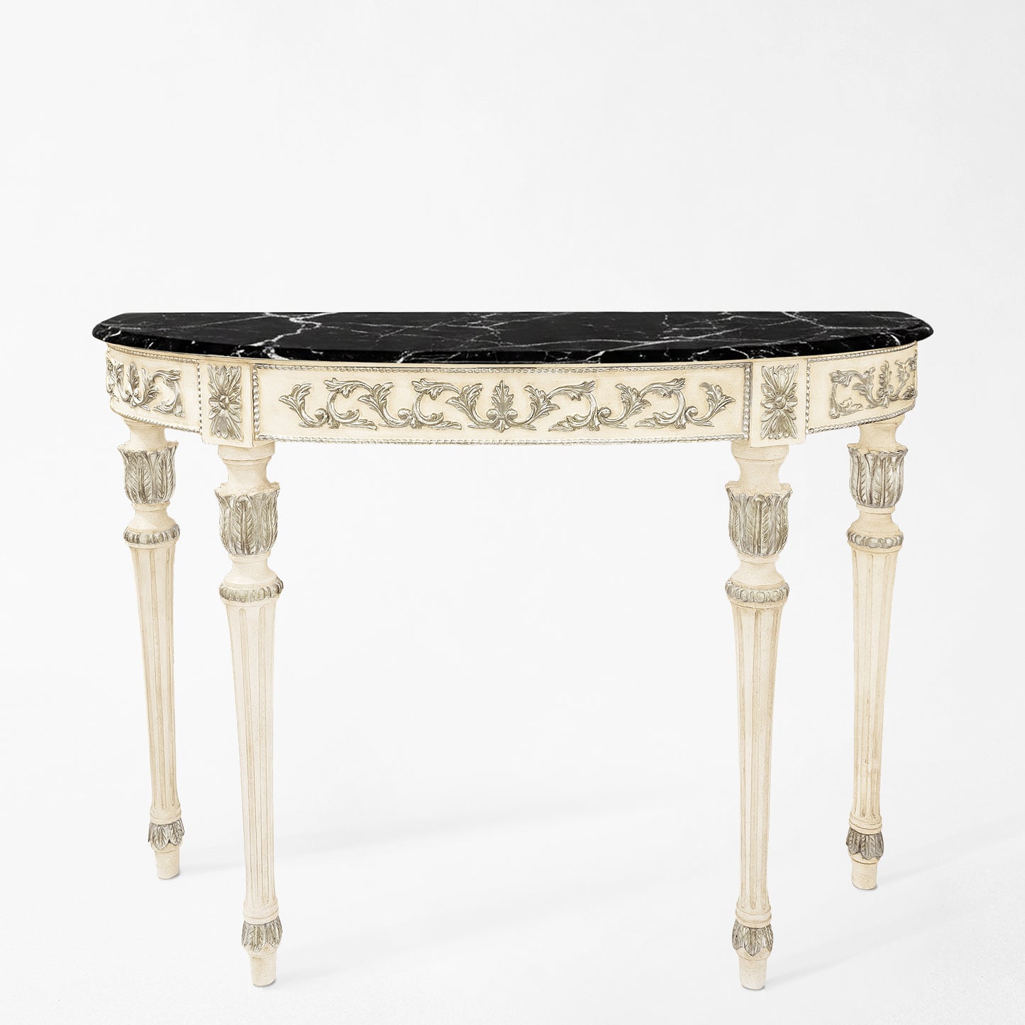 Ornate white and silver Italian console table with black marble top.