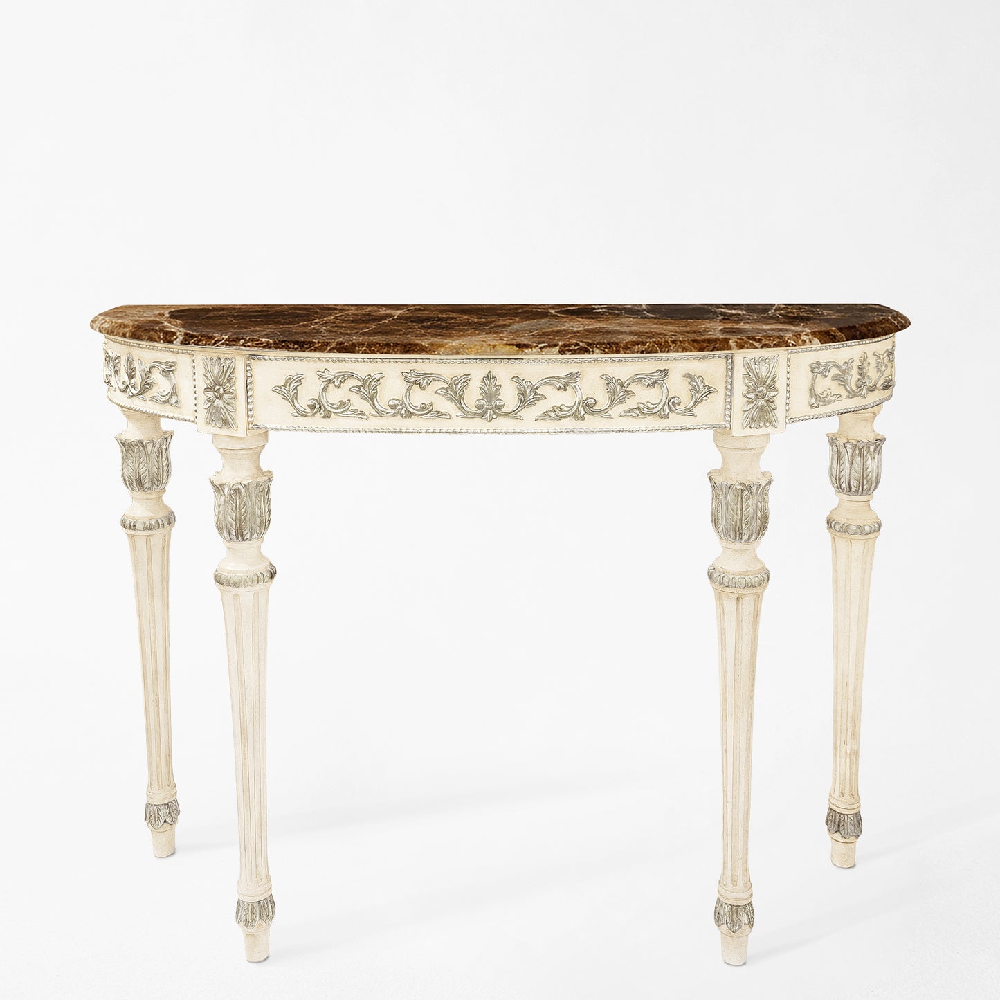 A white and silver Italian console table with a brown marble top.