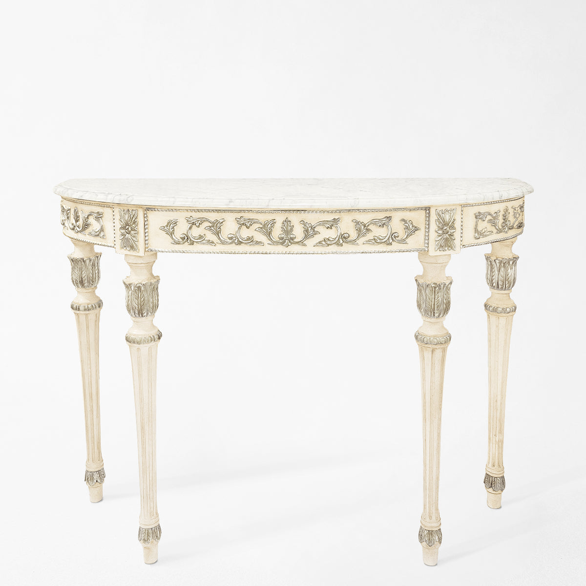 White and silver Italian console table with white marble top.