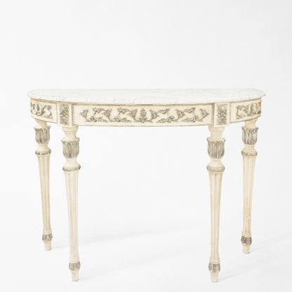 White and silver Italian console table with white marble top.