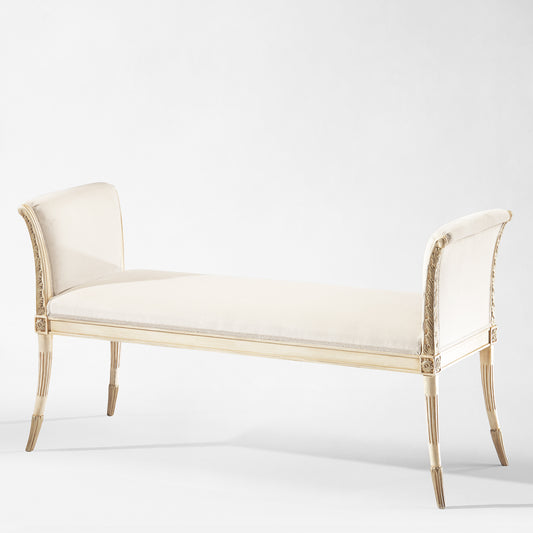 White and silver bench with white fabric.