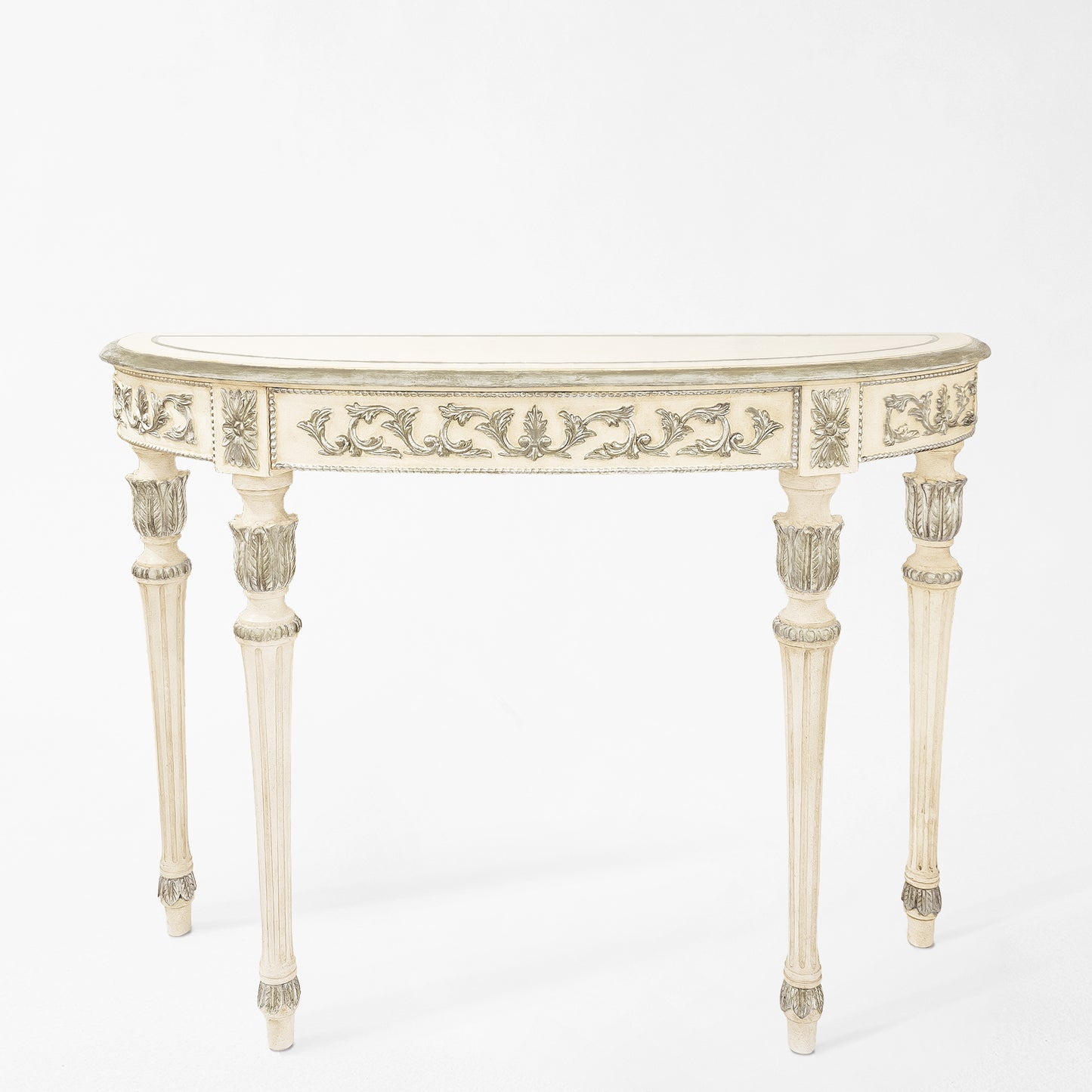 Traditional Italian white console table with carved silver leaf details.