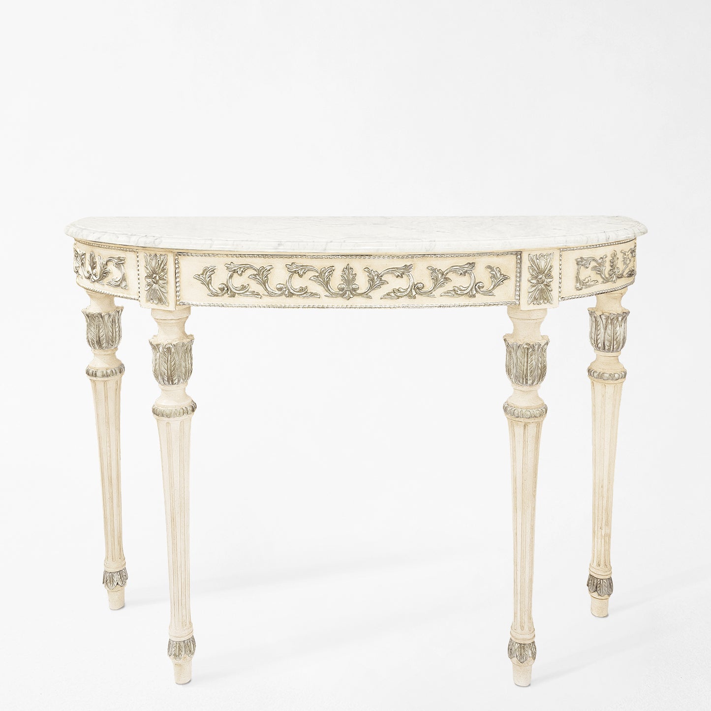 White and silver console table with white marble top.
