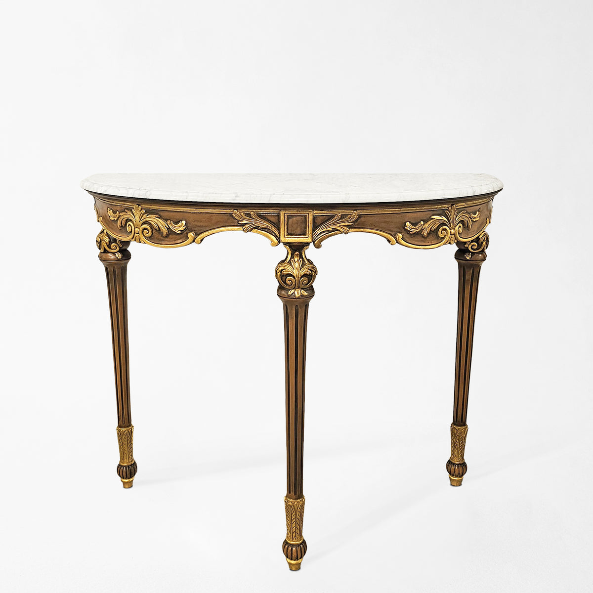 Brown and gold Italian console table with white marble top.