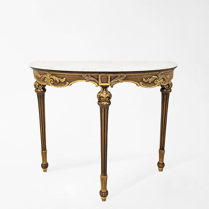 Brown and gold Italian console table with white marble top.