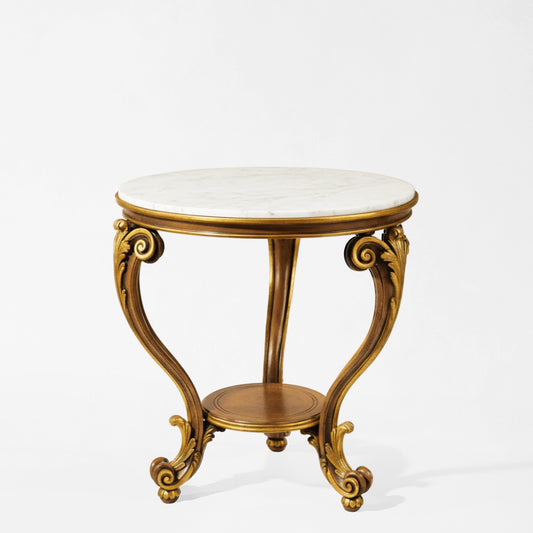 Traditional brown and gold Italian table with white marble.